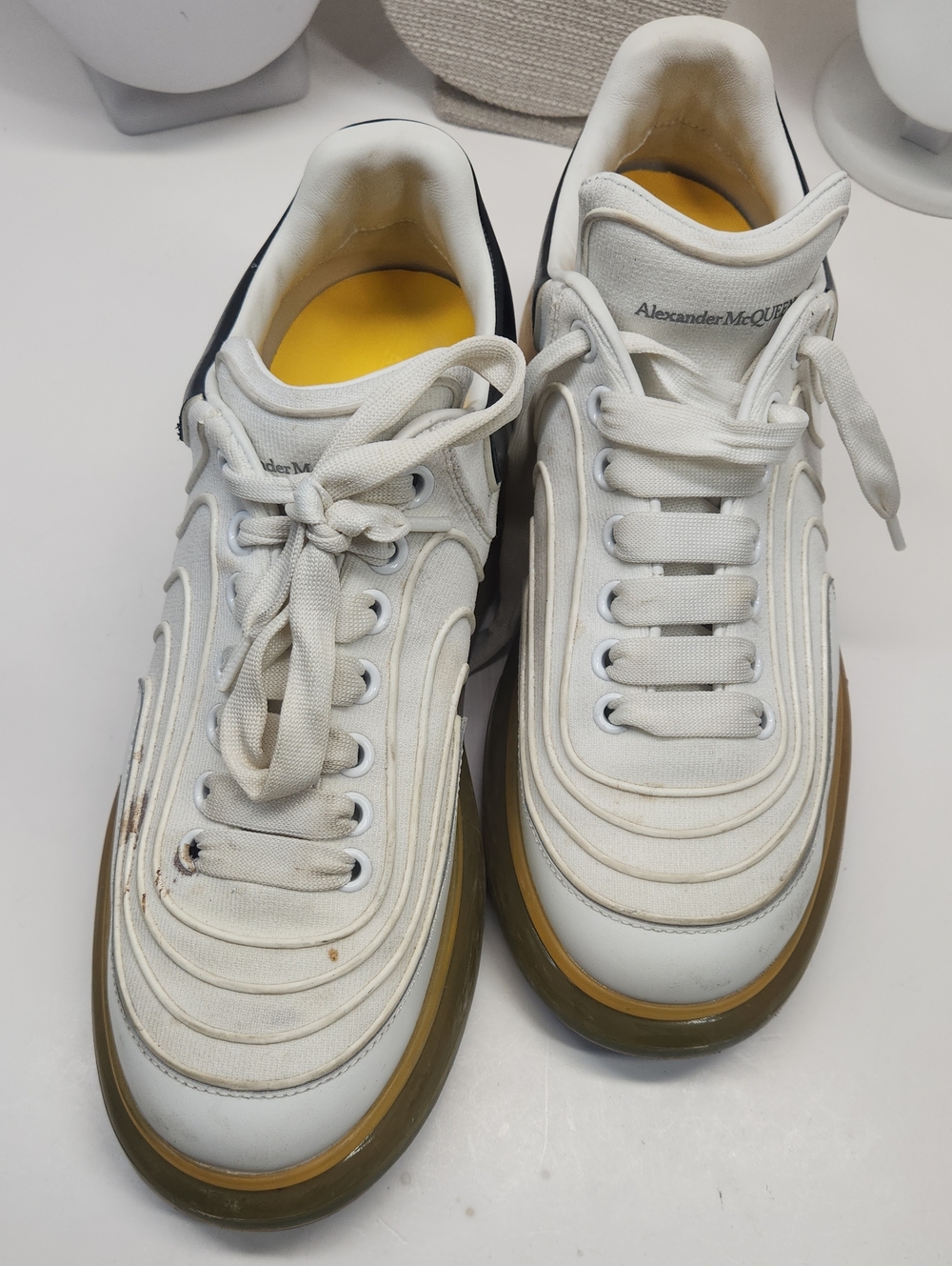 Alexander McQueen White Leather & Canvas Low-Top Sneakers with Gum Sole 43 1/2 D